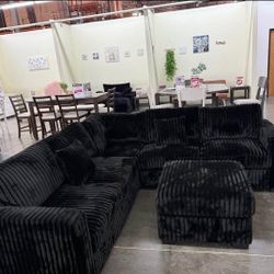 Stylish Black Sectional Sofa With Ottoman Fur- Like Jumbo Corduroy 