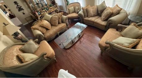 Ornate European Formal Living Room Furniture Set - Sofas, Chairs, Tables & Lamp