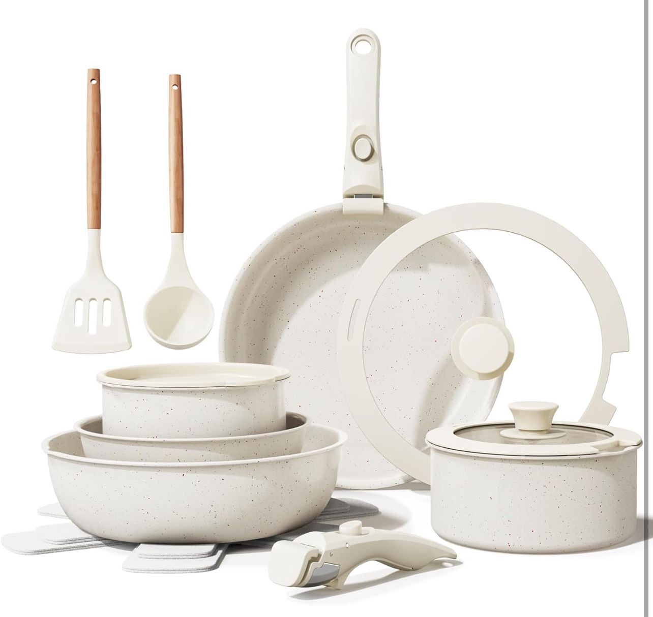 Ceramic Nonstick Cookware Set, Healthy,Non Toxic,17-Pieces Pots and Pans Set Removable Handles,Induction RV Kitchen Set,Stain & Scratch-resistant,Dish
