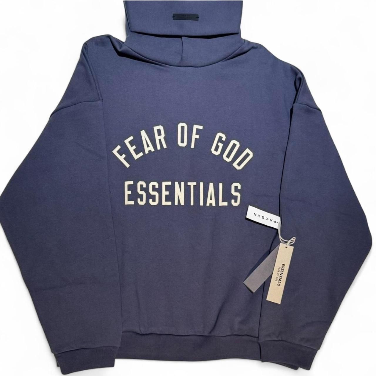 Fear of God Essentials Hoodie Blue Marine Navy Cream Letters XS to 