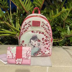 DISNEY LOUNGEFLY MULAN CHERRY BLOSSOM MINI BACKPACK AND MATCHING WALLET 