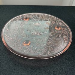 Vintage Pat Appl'd For glass Pink 'Rose' Three-Footed Cake Plate approx 10” In good condition 