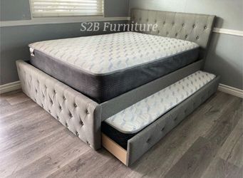 Full Twin beige frenchi Trundle Bed with Orthopedic Mattress Included