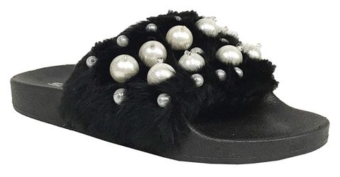 Women Slide Pearl Studs Faux Fur Slipper Flats (Never worn)