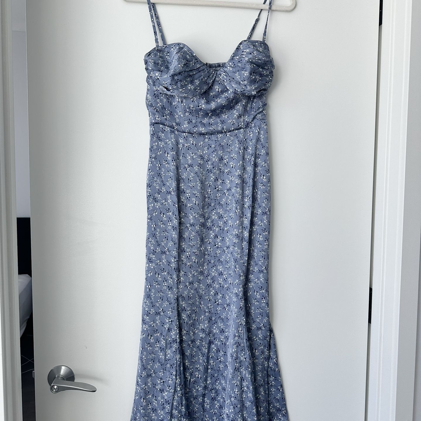 hensley satin dress Reformation Hensley Artichoke Satin Sweetheart Neck Maxi Dress The Closet New York
