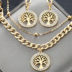 Beautiful Double Layer Trendy Cubic Tree Of Life Necklace Earrings Jewelry Set