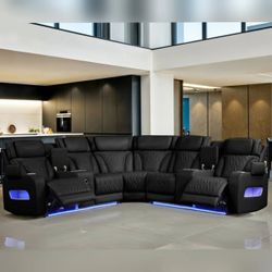 Jazz 117"W Black Leather Aire Transformer Power Reclining Sectional Sofa with Power Headrest, Bluetooth Speakers, LED Lights, USB Ports, Storage & Cup
