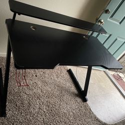 Black Carbon Fiber LED Gaming Desk with Riser, Cup holder, Headphone Hook