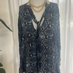 Zara Women's Python Snake Print Long Sleeve Tie Neck Tunic Blouse Blue,