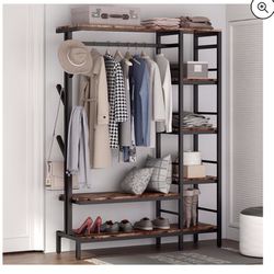 (NEW) Tribesigns Free-Standing Closet Organizer with Hooks, Heavy Duty Clothes Storage Garment Rack with Shelves and Hanging Rod, Metal Closet Storage