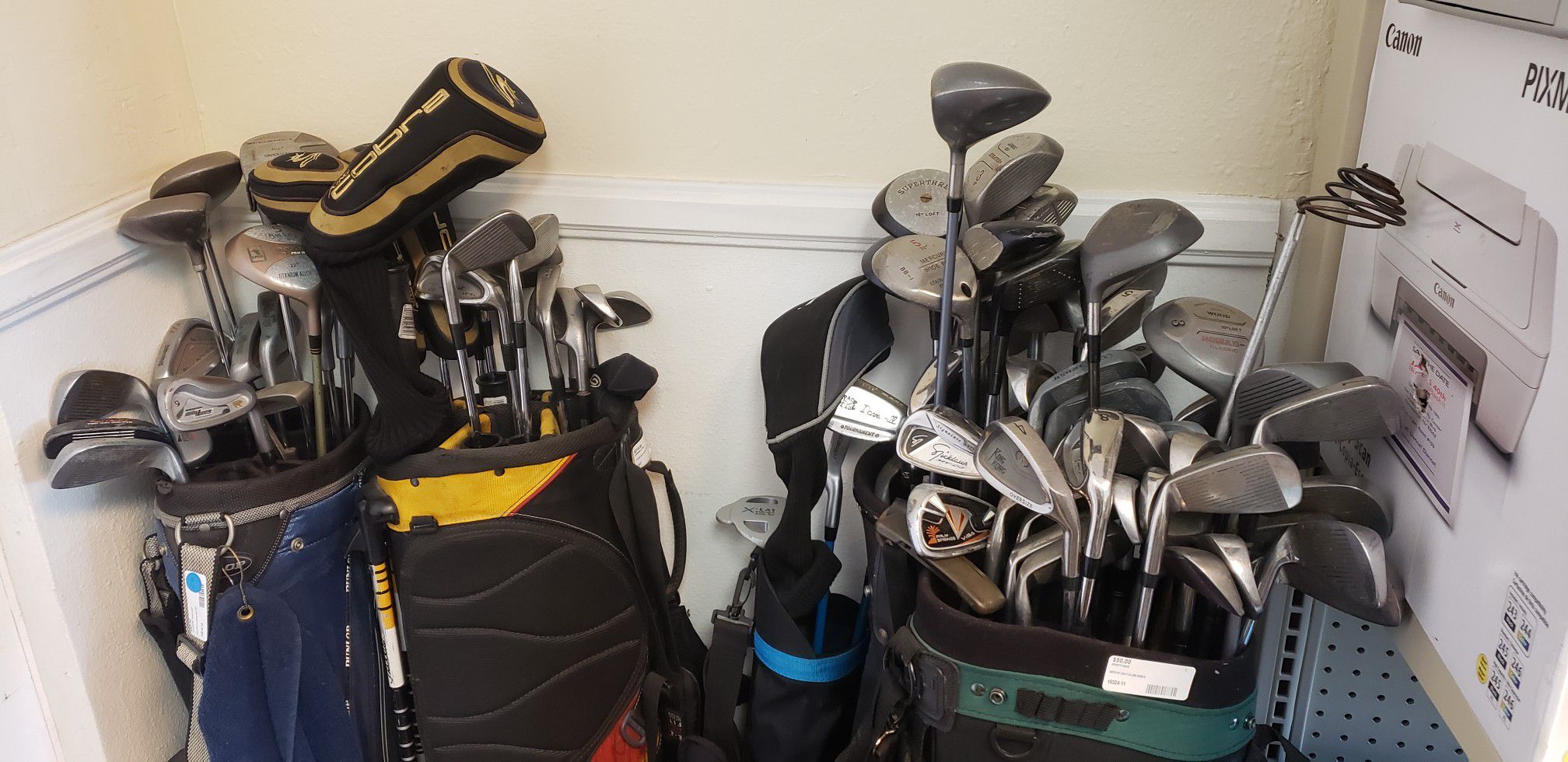 Variety sets of golf clubs.