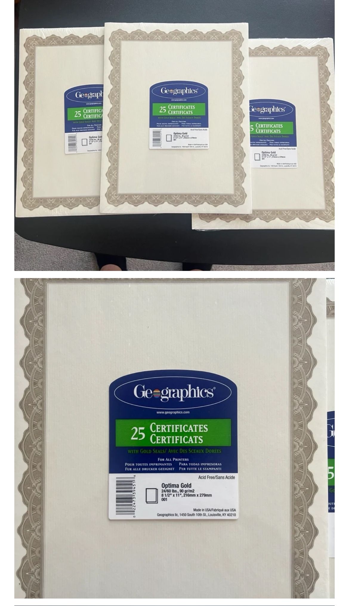 Geographics : Parchment Paper Certificates, 8-1/2 x 11, Optima Gold Border