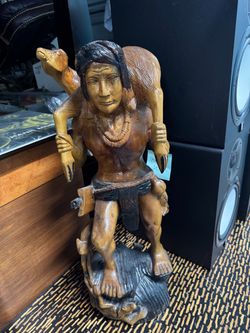 Vintage Wood Hunter w/ Deer & Dog Sculpture