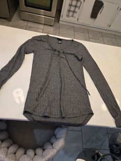 Gray Ribbed Lace-Up Long Sleeve Top
