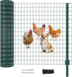 35in x 50ft Welded Chicken Wire Fencing Mesh Roll Metal Garden Fence Netting Animal Barrier with 5 Steel Stakes, Temporary Fencing for Back