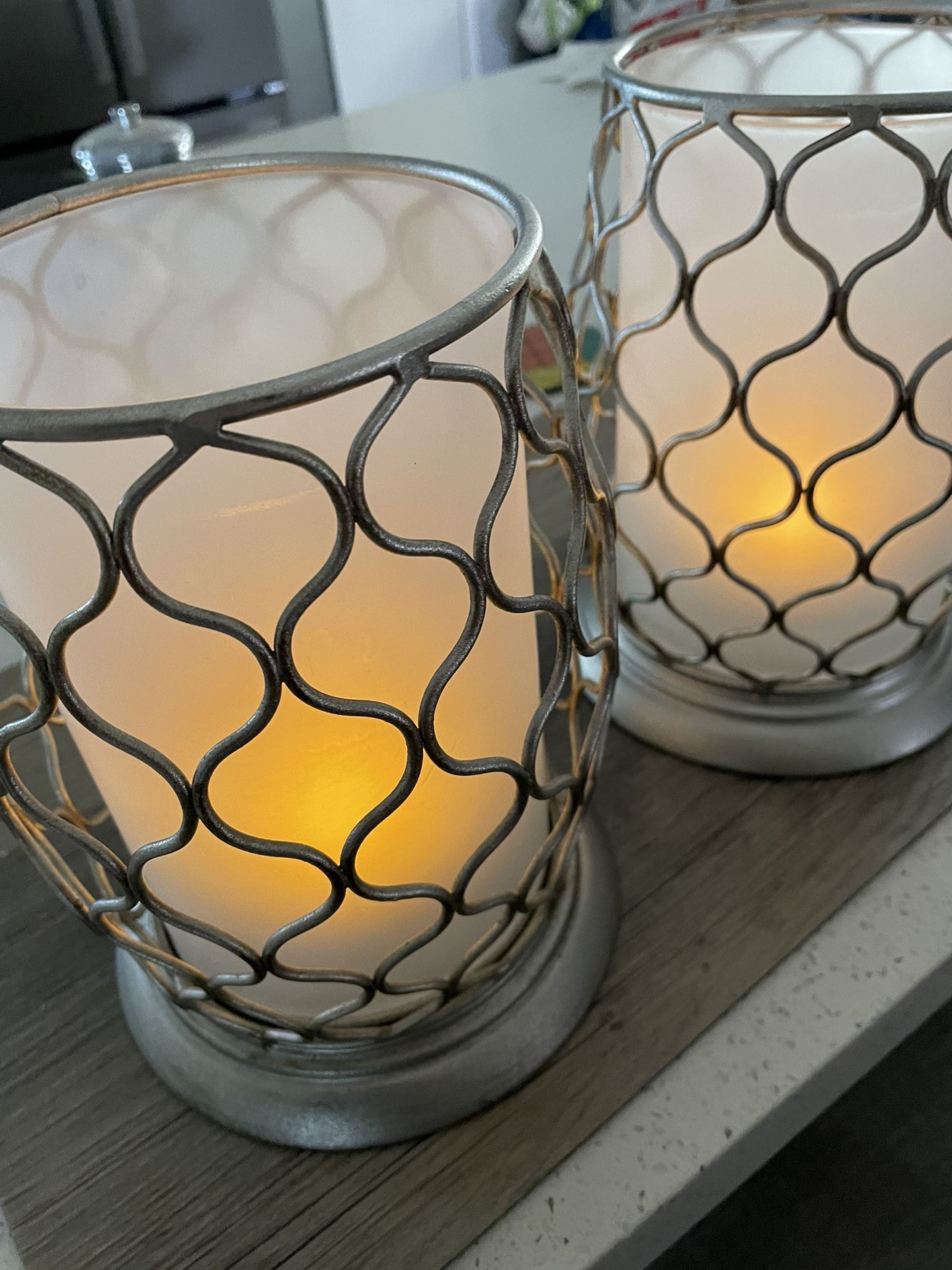 Silver/ glass / Wrought Iron candle holders (2) - 8.5 inches high/ 6.5 wide inches