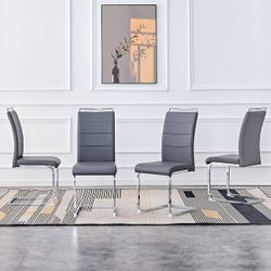 NEW FOUR (4) Gray PU Dining Chairs With Chrome Legs