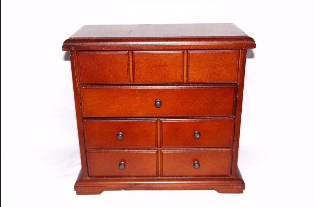 Vintage Mahogany Wooden Jewelry Box Chest Valet Dresser Style w/ Mirror Case