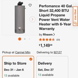 Water Heater New $750