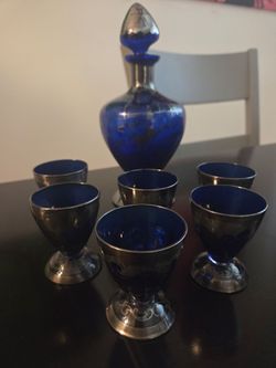 Vintage Venician Cobalt Blue Glass & Silver Decanter Set