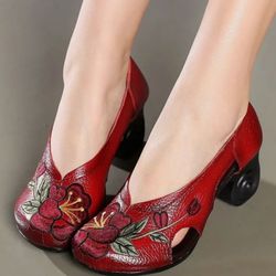 Women’s Red Leather Embroidery Vintage Pumps