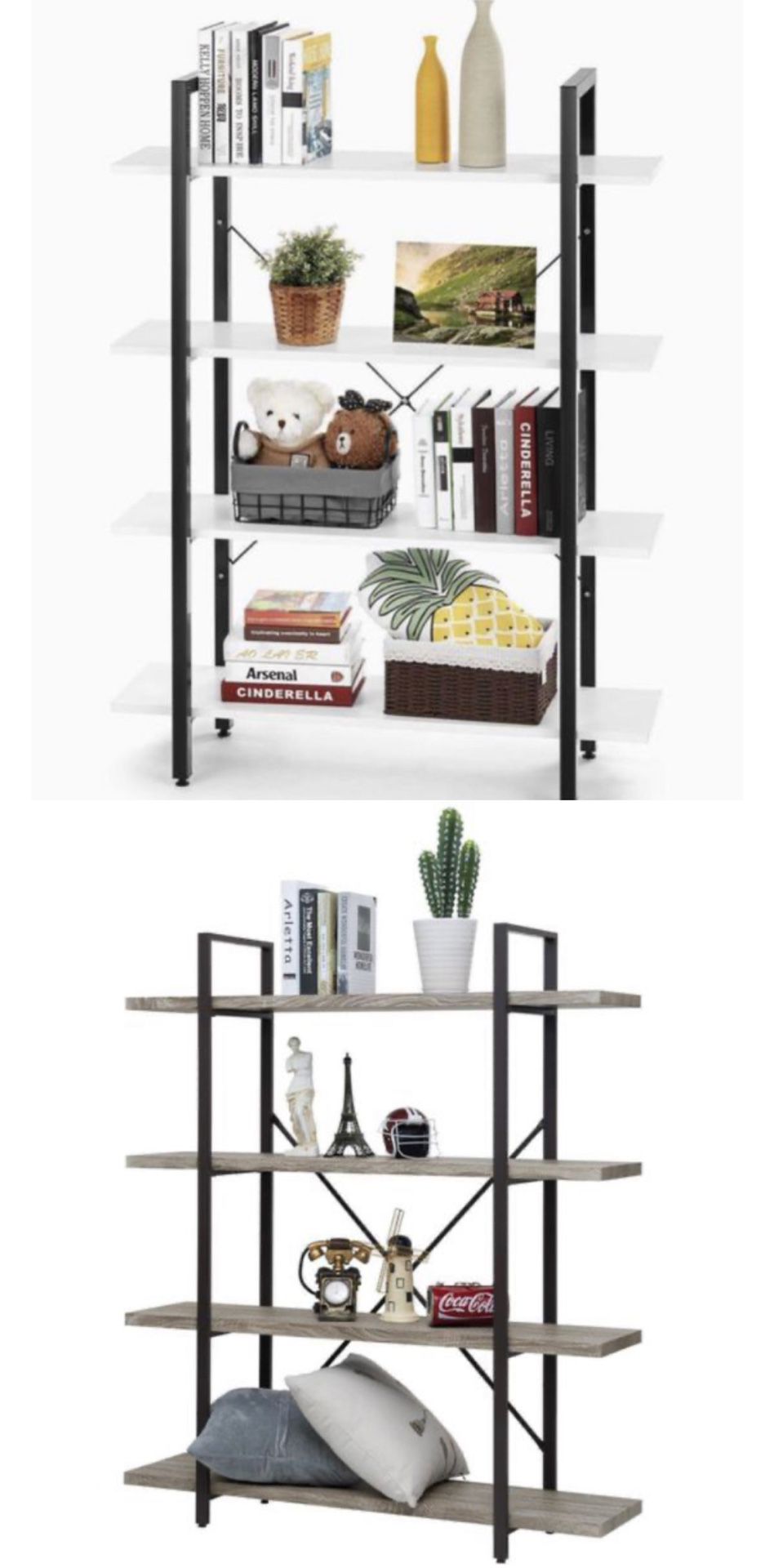 Ladder Shelf, 4-Tier Bookshelf Storage Rack, Living Room Bookcase, Stable Steel Frame, Bedroom, Office, Industrial Design.🌟Color: Grey&White