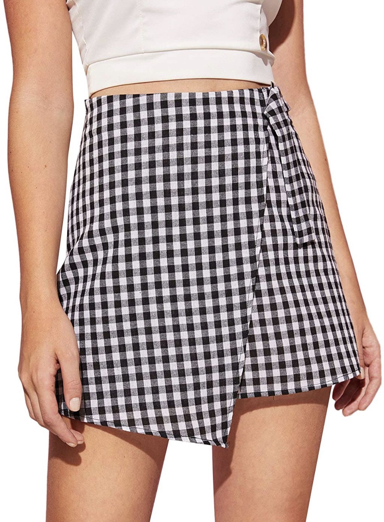 Women's Summer High Waist Buckle Belt Gingham A Line Mini Skirt