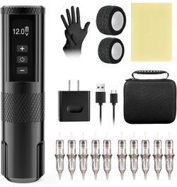 Wireless Tattoo Pen Kit with 70 Levels Speed Adjustable Tattoo Pen 2400mAh Power Digital LED Display Tattoo Machine for Professionals and Beginners 
