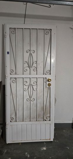 White Metal Security Screen Door with Scrollwork