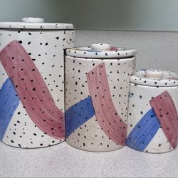 Guyroc Stoneware Canister Set  woth pink and blue brushstrokes l