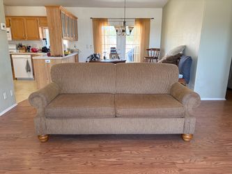 Tan Striped Fabric Sofa with Bun Feet