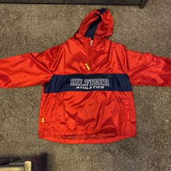 Tommy Hilfiger - Red Athletics 1/4 Zip Hooded Jacket 1990s X-Large