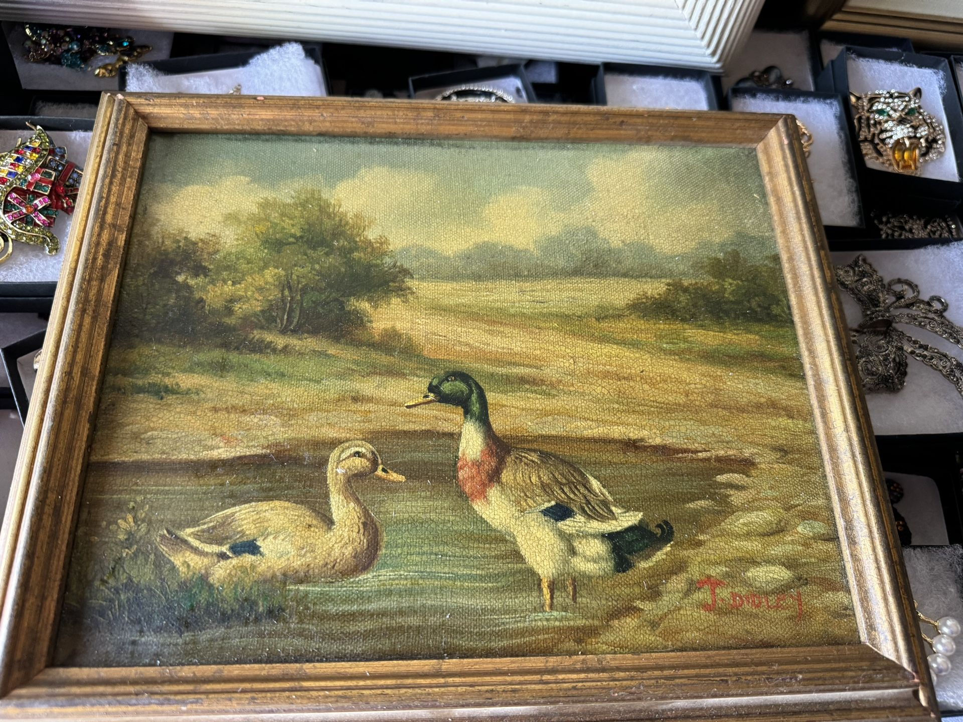 Vintage (1900-?) Oil Painting of Ducks Signed J. Dudley – Framed