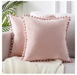 Pink Velvet Throw Pillow Covers with Pom Poms – Set of 4