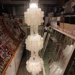 Capiz shell 6 ft 3 light mid-century Chandelier
