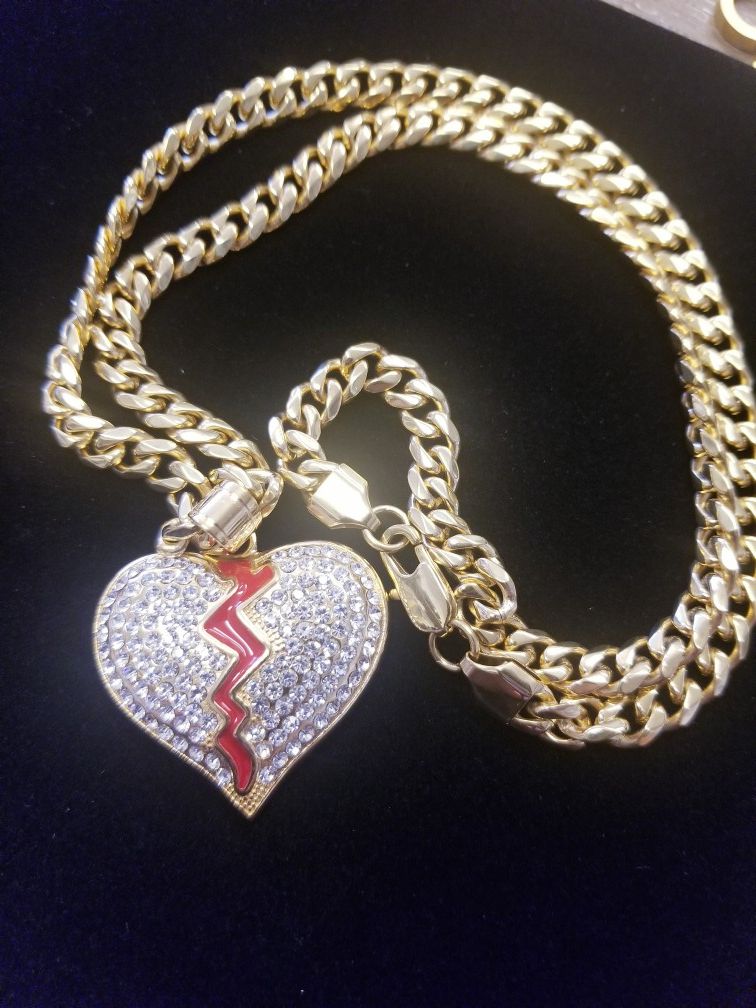 Broken Heart Stainless Steel Gold 24" chain
