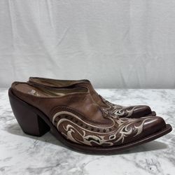 Kobra Western Leather Mule 36/5.5 Brown Embroidery Pointy Toe Cowgirl Rodeo Boho