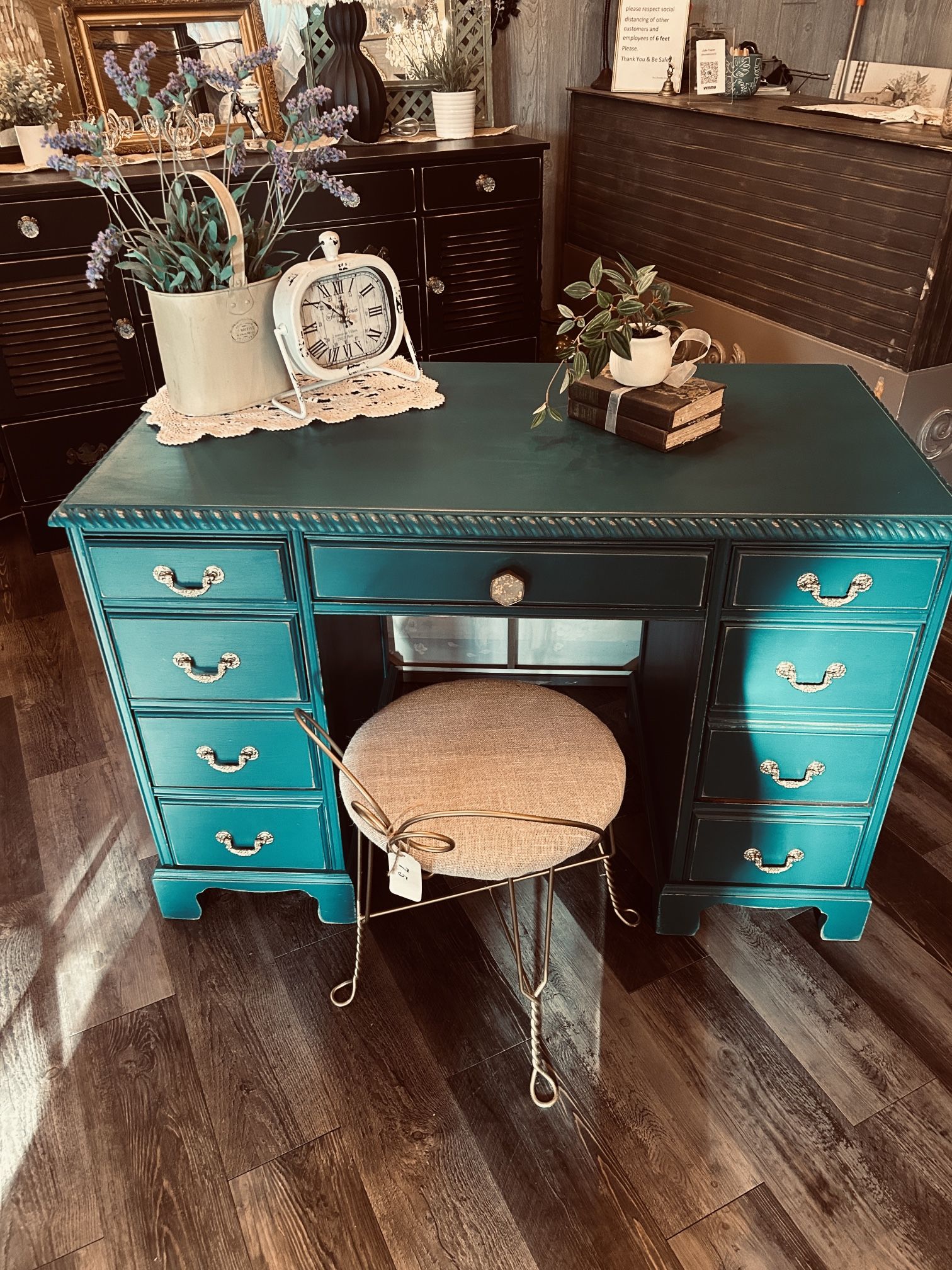 Vintage Peacock Teal & Gold 8 Dr Desk