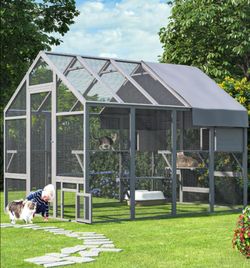 Catio Outdoor Cat Enclosure with Waterproof Cover, 97inch, Grey
Large Walk in Outdoor Cat Catio for Multiple Cats with 9 Platforms, 2 Resting Box