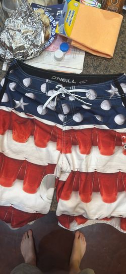 O'Neill Men's Red, White & Blue Beer Pong Board Shorts - American Flag Pattern