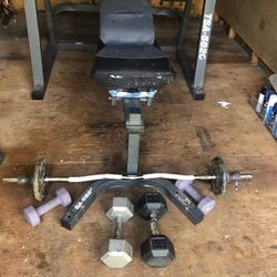 Weight bench, pulley, lots of weights with dumbbells in Krawbar