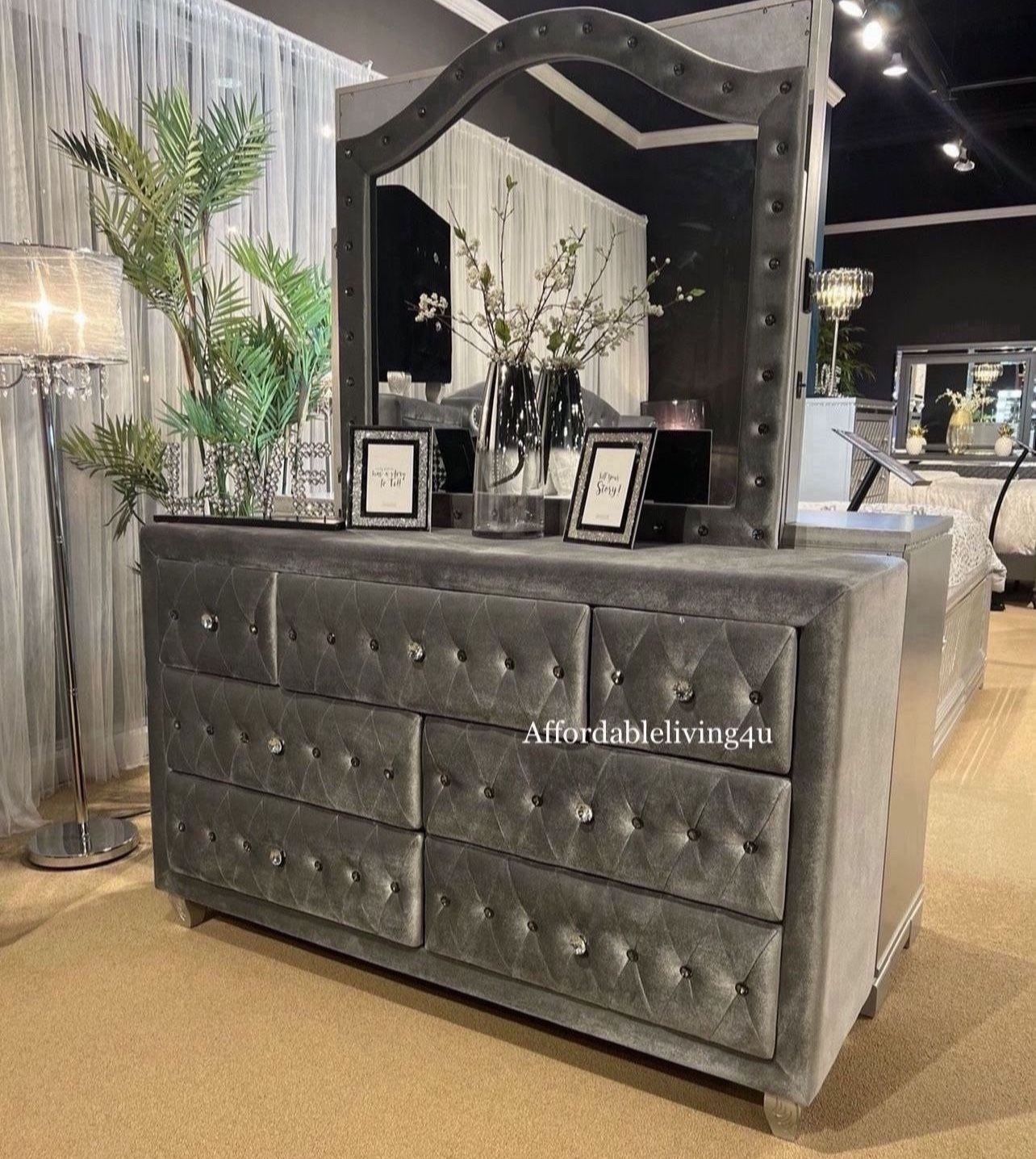 Grey Velvet Dresser W/ Crystal Acrylic Knobs Brand New In Box -  www.jkreigsman.com