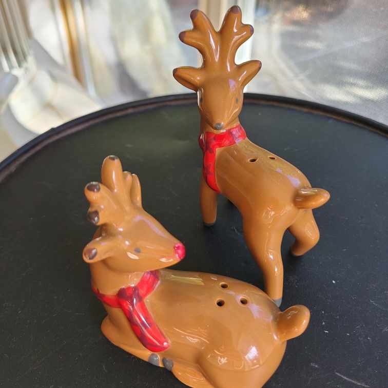 Rudolph Reindeer Salt & Pepper Shakers Wearing Red Scarves Ceramic 3” & 4”