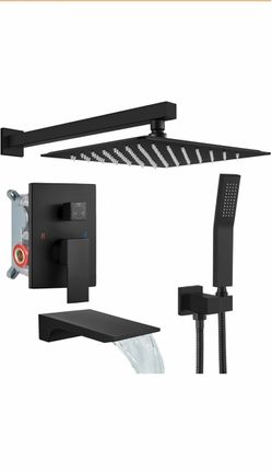 gotonovo Tub Shower Faucet Set with Valve 10" Rain Head, Matte Black Waterfall Tub Spout Shower System,Bathtub Faucet Set, SUS304 Rain Head with Handh