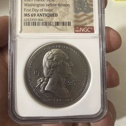 2021 France 2oz Silver Coin Washington Before Boston NGC MS 69 Antiqued 