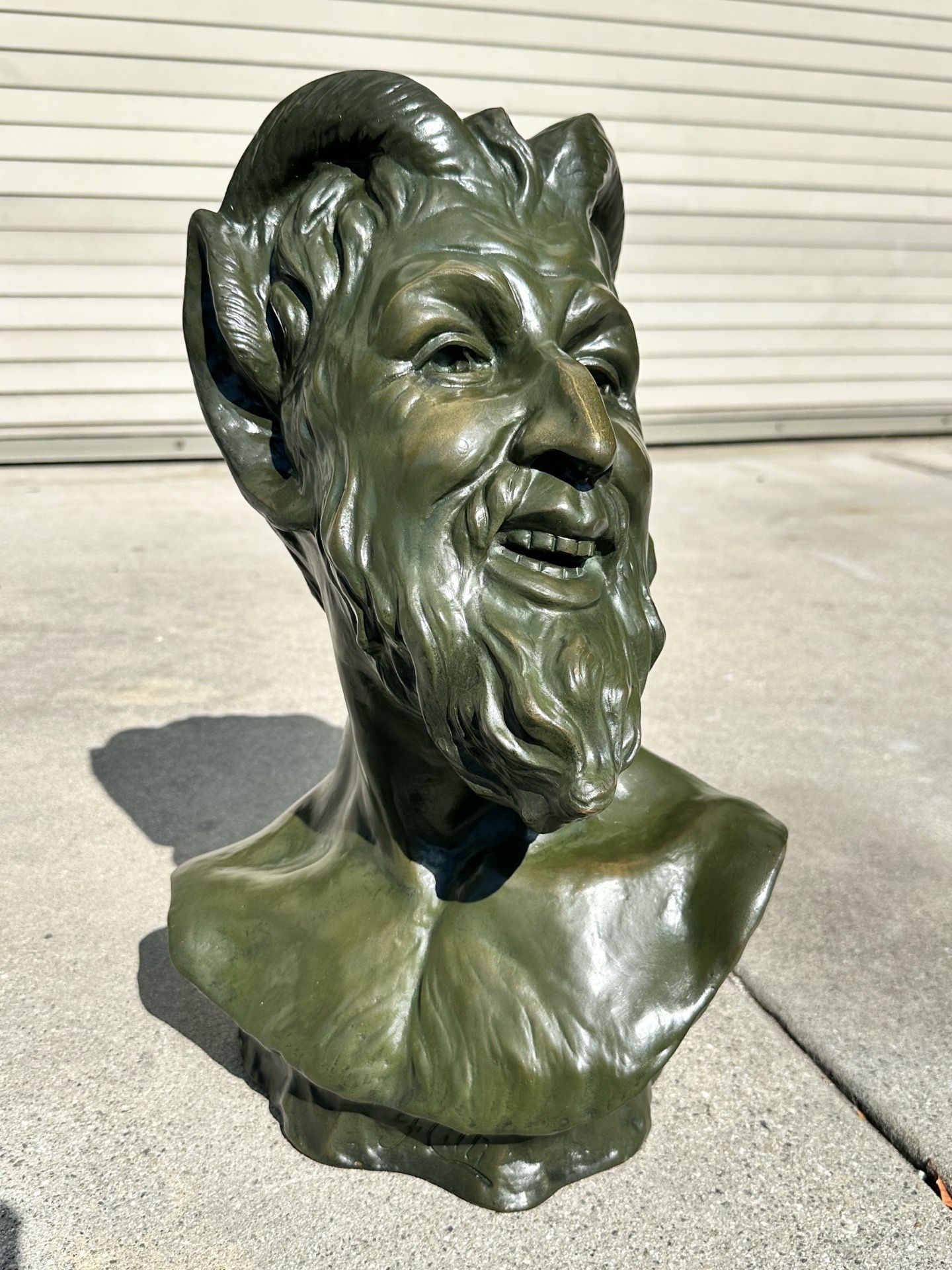 French Satyr Faun Bust Sculpture After Jean-Baptiste Carpeaux Green Patina
