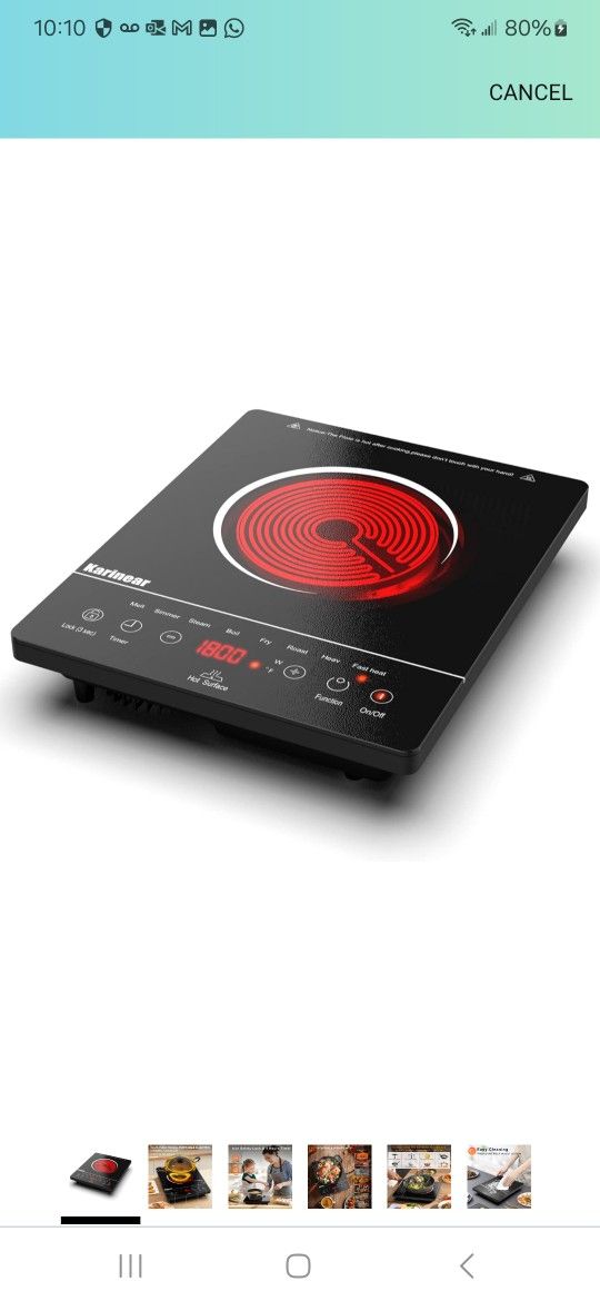 Karinear Portable Electric Cooktop, Electric Stove Single Burner Ceramic Cooktop with Touch Control, Child Safety Lock, Timer, Residual Heat Indicator
