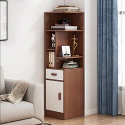 Narrow Corner Bookcase with Storage - 59.9" Tall Freestanding Skinny Bookshelf with Door and Drawer, Slim Cabinet for Nook, Dark Walnut