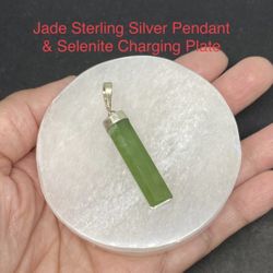 Green Jade Genuine Stone .925 Sterling Silver Pendant & Selenite