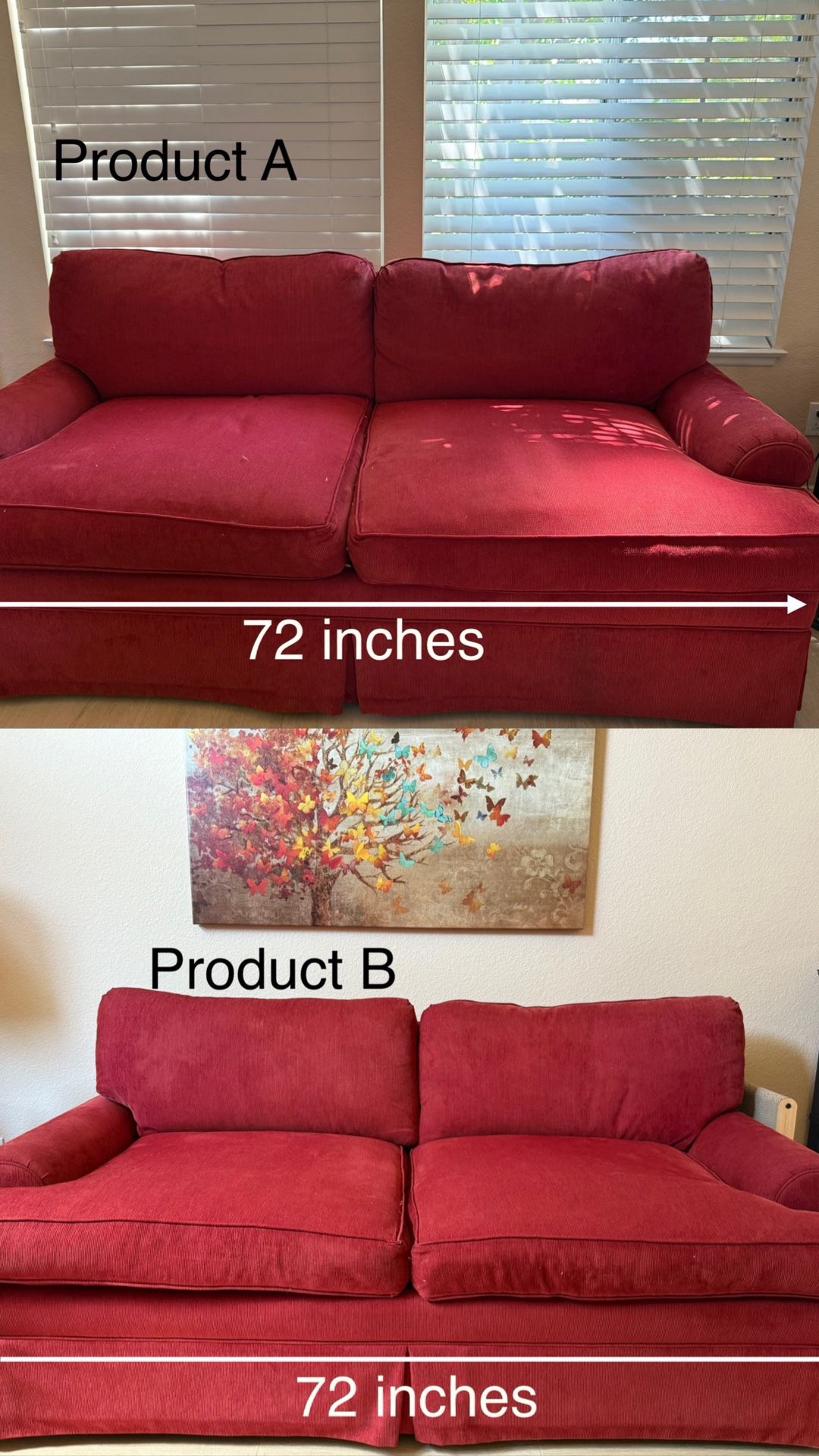 Red Corduroy Down-feather Couches (LxWxH: 72’x32’x32’)